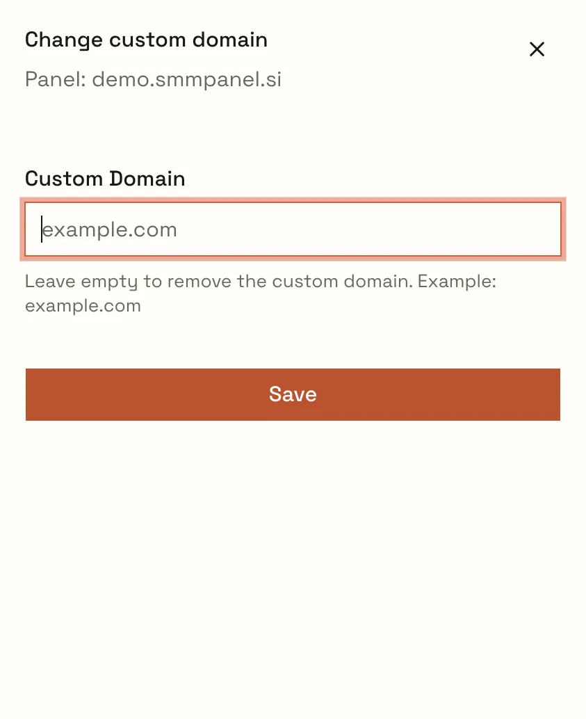 Change custom domain panel with a domain field and a Save button