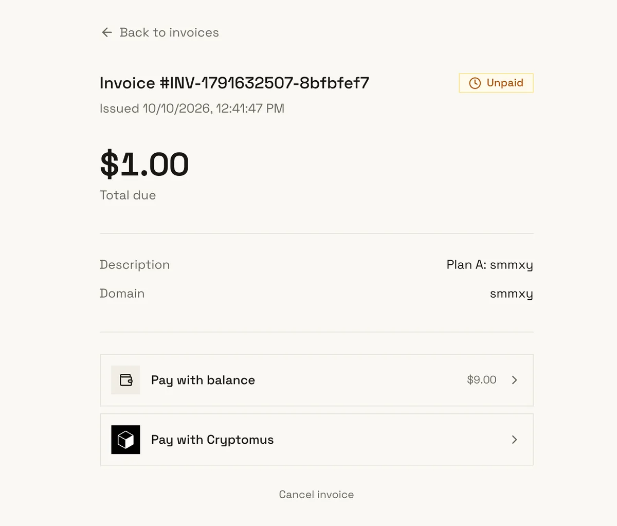 Invoice for Plan A at $1.00 with options to pay with wallet balance or with Cryptomus