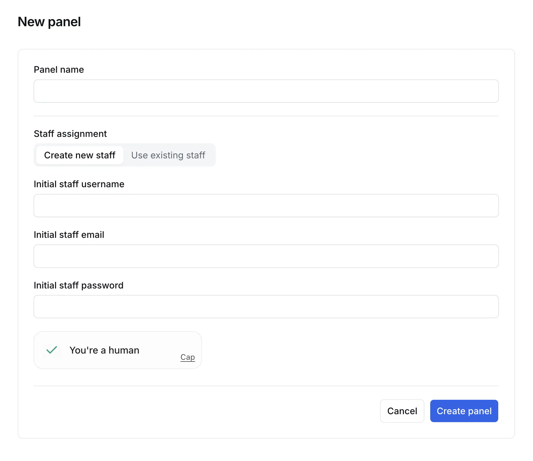 New panel form with panel name, staff assignment and initial staff username, email and password