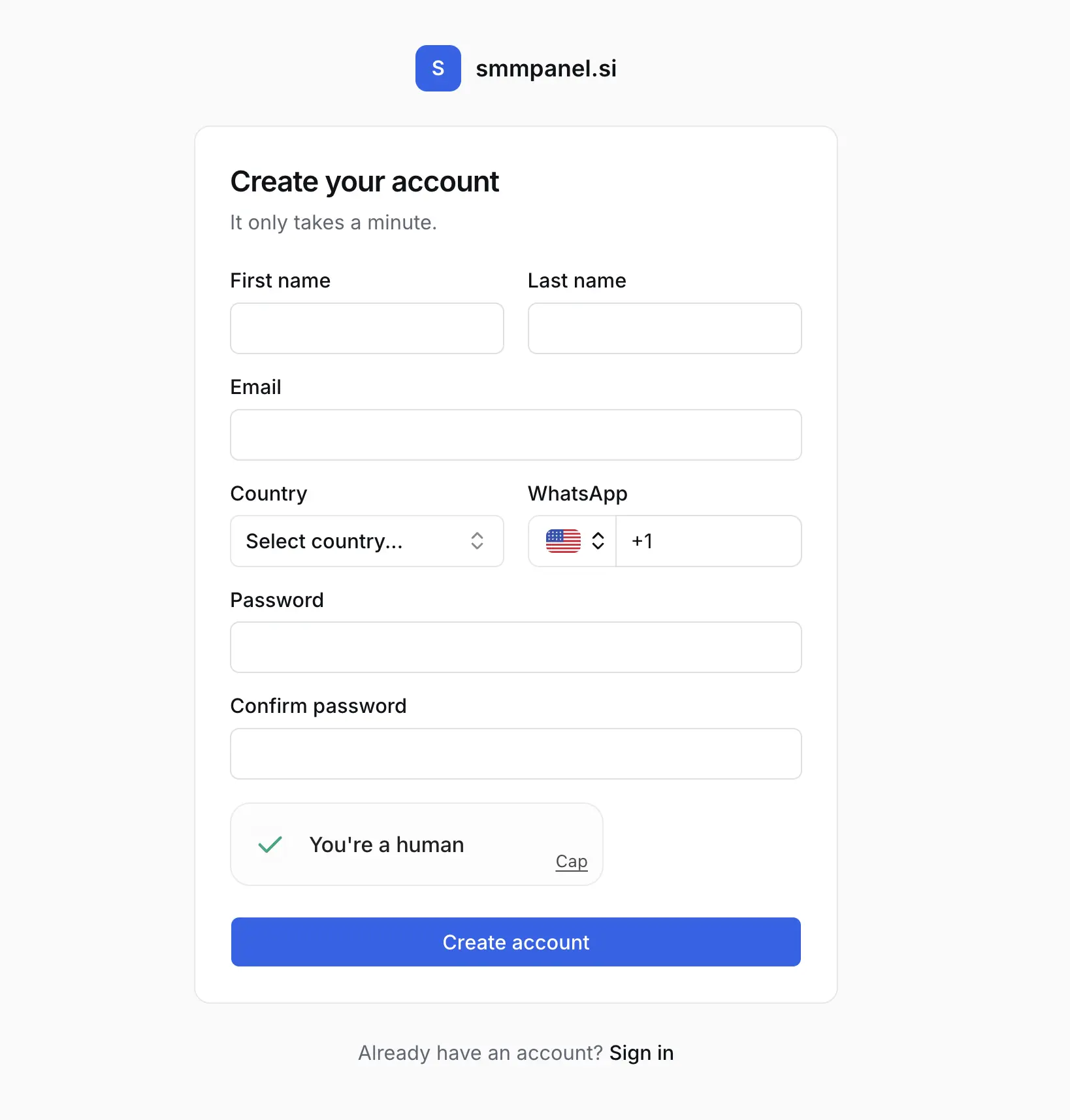 smmpanel.si sign-up form with first name, last name, email, country, WhatsApp and password fields